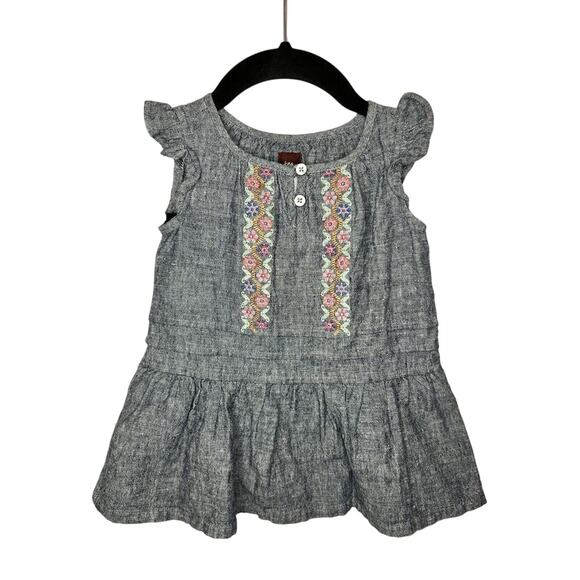 Tea Collection Baby Dress, Chambray Blue Linen Cotton, Floral Embroidered Ruffle - Picture 1 of 11